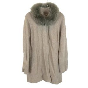 Womens Size XL Kinross Cashmere Beige Genuine Fur Collar Swing Cardigan Jacket